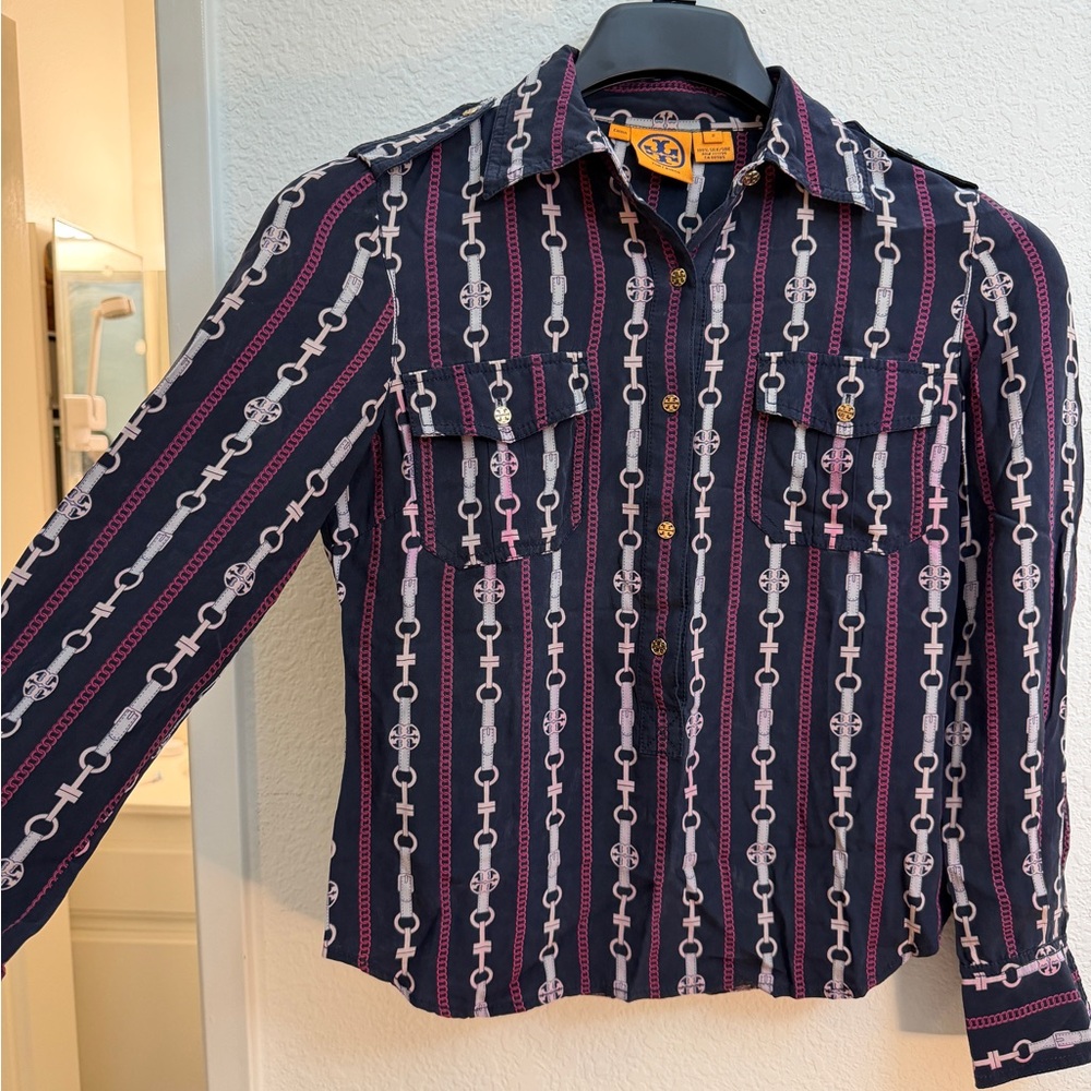 Tory Burch Navy Chain-Print Button Down Shirt with Pink Accents